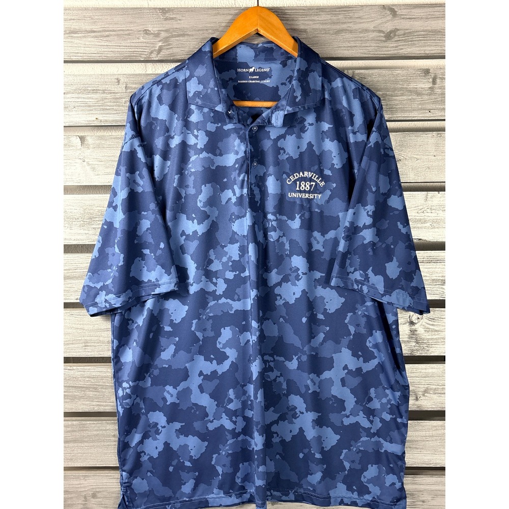 Horn Legend Cedarville University Camo Polo Shirt Mens XL Blue Bamboo Charcoal